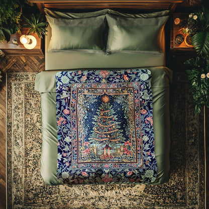 Maximalist Tree Holiday Throw Blanket | Cozy Winter Accent Cottagecore Bedspread Festive Decoration Rustic Woven Blanket Vintage Warm Decor