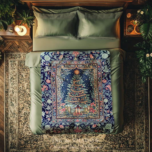 Maximalist Tree Holiday Throw Blanket | Cozy Winter Accent Cottagecore Bedspread Festive Decoration Rustic Woven Blanket Vintage Warm Decor