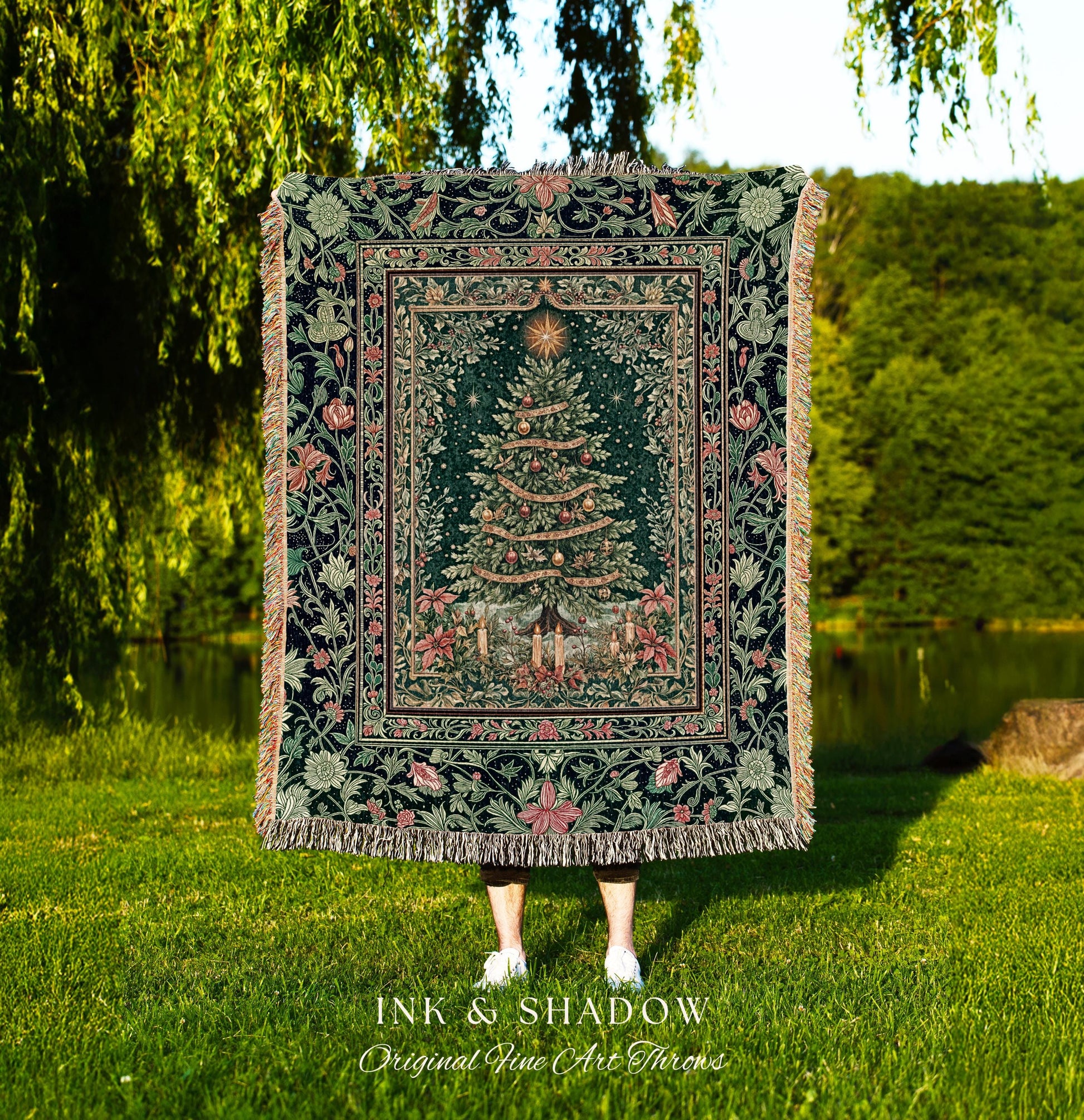 Holiday Lights Xmas Tree Blanket | Cozy Winter Accent Festive Throw Cottagecore Bedspread Rustic Aesthetic Vintage Decoration Warm Colors |