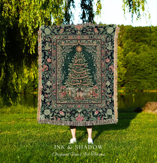Holiday Lights Xmas Tree Blanket | Cozy Winter Accent Festive Throw Cottagecore Bedspread Rustic Aesthetic Vintage Decoration Warm Colors |