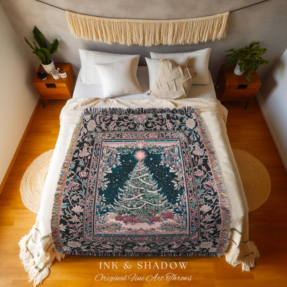 Snowy Holiday Tree Throw Blanket | Cozy Cottagecore Bedspread Winter Xmas Throw Festive Decor Vintage Holiday Accent Rustic Style Tapestry |