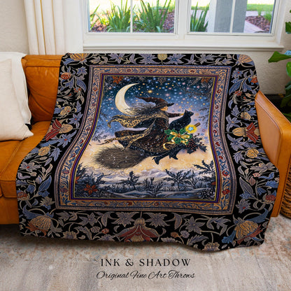 Magic Moonlit Witch Woven Tapestry | Ethereal Witchy Halloween Throw Blanket Nostalgic Aesthetic Broomstick Black Cat Celestial Home Decor