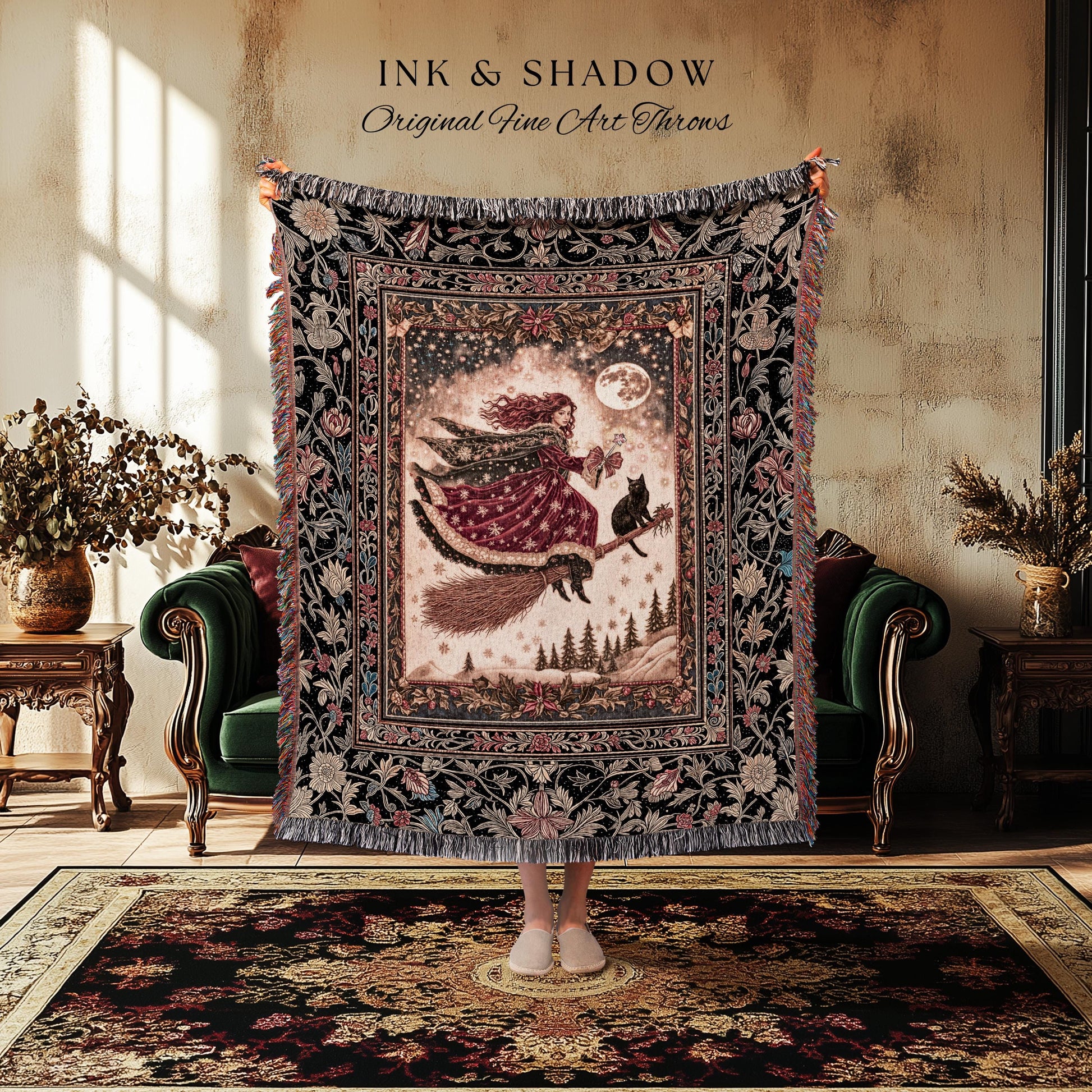 Mystical Black Cat Witch Tapestry | Fairytale Decor Gothic Cottagecore Broomstick Halloween Whimsy Gothic Maximalist Aesthetic Throw Rustic