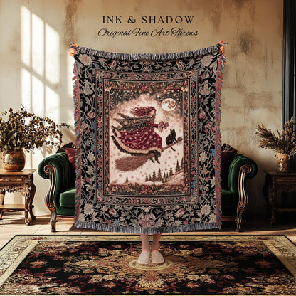 Mystical Black Cat Witch Tapestry | Fairytale Decor Gothic Cottagecore Broomstick Halloween Whimsy Gothic Maximalist Aesthetic Throw Rustic