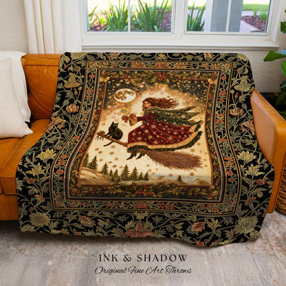 Whimsical Witchy Broomstick Throw Blanket | Fairytale Gothic Decor Mystic Black Cat Celestial Moon Tapestry Botanical Dark Academia Cottage