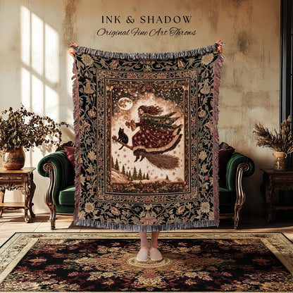 Whimsical Witchy Broomstick Throw Blanket | Fairytale Gothic Decor Mystic Black Cat Celestial Moon Tapestry Botanical Dark Academia Cottage