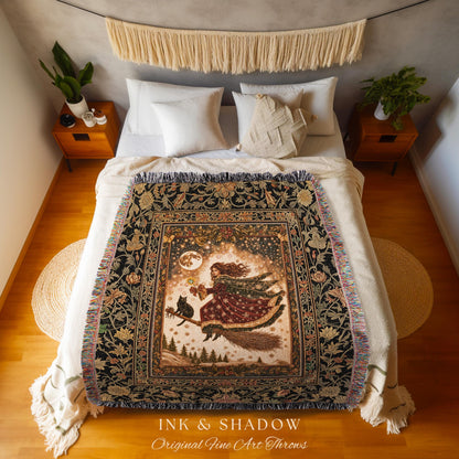 Whimsical Witchy Broomstick Throw Blanket | Fairytale Gothic Decor Mystic Black Cat Celestial Moon Tapestry Botanical Dark Academia Cottage