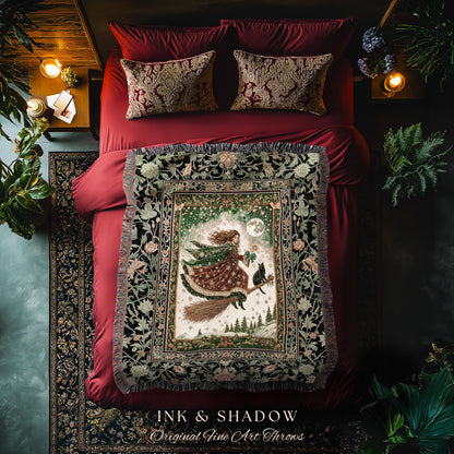 Holiday Witch Black Cat Blanket | Nostalgic Halloween Enchanted Cottagecore Decor Mystic Aesthetic Woven Wall Tapestry Gothic Elegance Throw