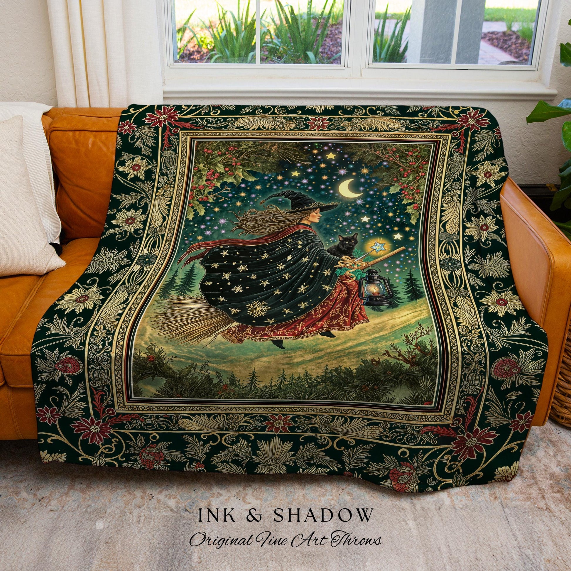 Autumn Witch Starry Celestial Tapestry | Gothic Decor Bewitched Black Cat Magic Cottagecore Style Enchanted Woven Throw Blanket Whimsical |