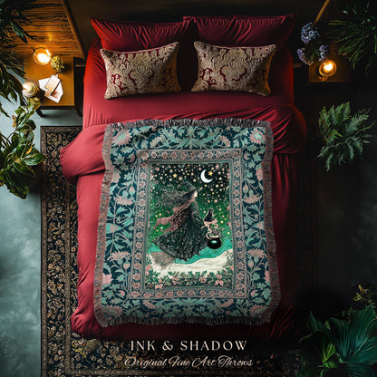 Magic Landscape Winter Witch Throw | Moonlit Ethereal Witchy Tapestry Blanket Decor Moon Black Cat Cat Whimsical Folklore Cottagecore Style