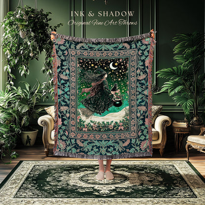 Magic Landscape Winter Witch Throw | Moonlit Ethereal Witchy Tapestry Blanket Decor Moon Black Cat Cat Whimsical Folklore Cottagecore Style