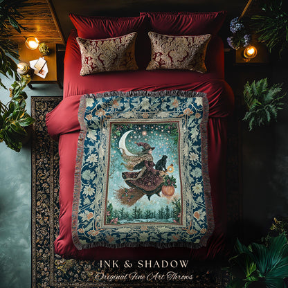 Pumpkin Witch Winter Wall Tapestry | Mystical Gothic Decor Black Cat Broomstick Spooky Season Botanical Moon Stars Winter Whimsigoth Style |
