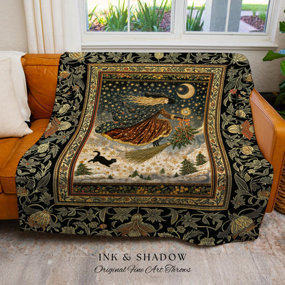 Winter Folklore Witch Tapestry Blanket | Enchanted Cottagecore Decor Mystic Aesthetic Black Cat Gothic Elegance Celestial Storybook Throw |
