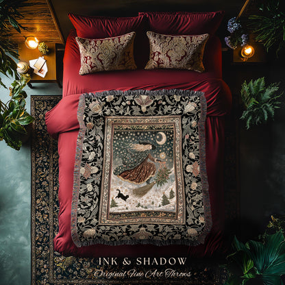 Winter Folklore Witch Tapestry Blanket | Enchanted Cottagecore Decor Mystic Aesthetic Black Cat Gothic Elegance Celestial Storybook Throw |