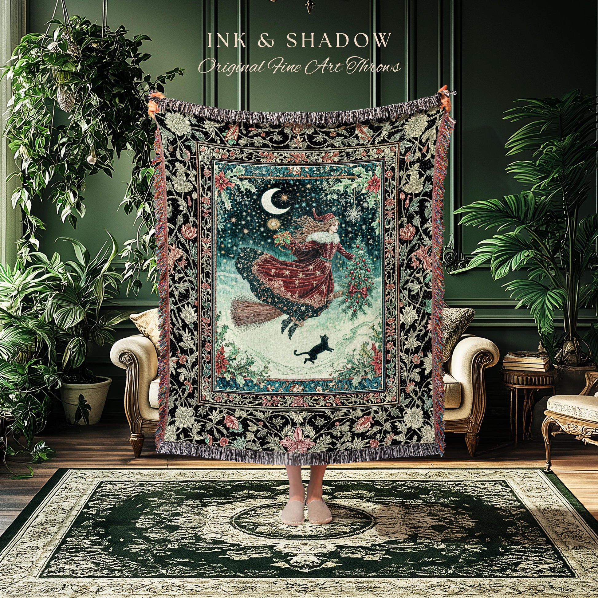 Wonderland Witch Boho Throw Blanket | Mystic Gothic Art Black Cat Folk Magic Broomstick Whimsigoth Cottagecore Woven Tapestry Moon Stars |