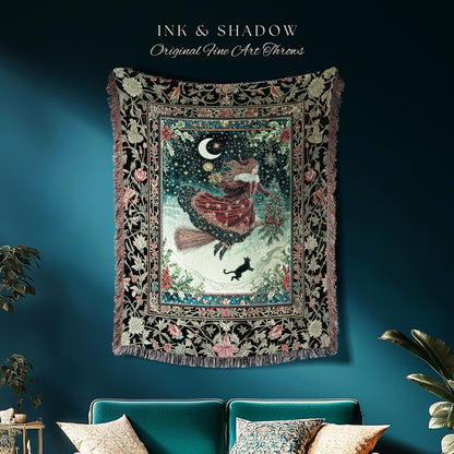 Wonderland Witch Boho Throw Blanket | Mystic Gothic Art Black Cat Folk Magic Broomstick Whimsigoth Cottagecore Woven Tapestry Moon Stars |