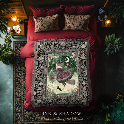 Snowy Magic Celestial Witch Blanket | Gothic Magic Black Cat Woven Tapestry Broomstick Ride Moon Stars Botanical Frame Mystical Folklore Art