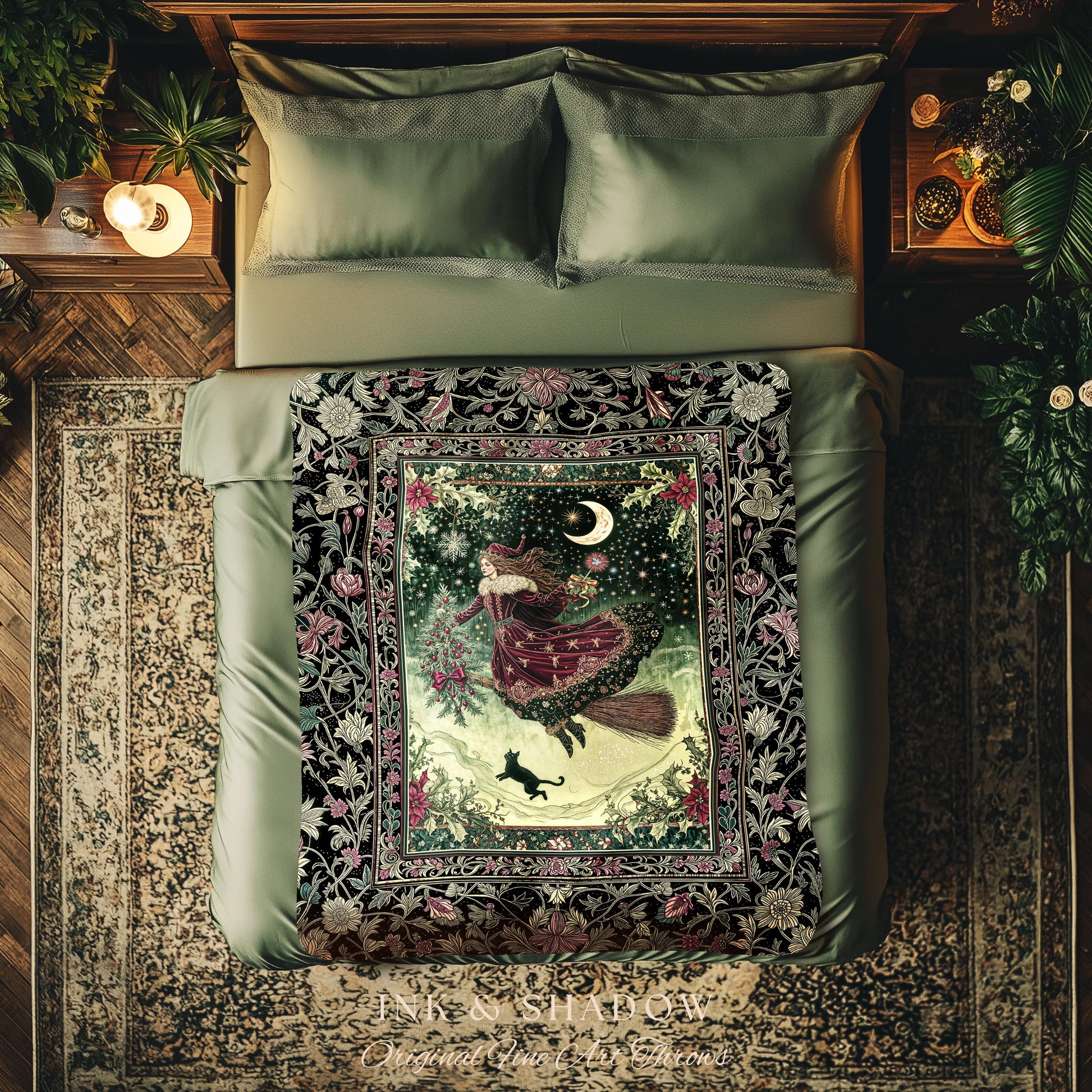 Snowy Magic Celestial Witch Blanket | Gothic Magic Black Cat Woven Tapestry Broomstick Ride Moon Stars Botanical Frame Mystical Folklore Art