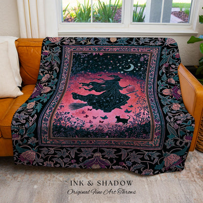 Moody Magenta Witch Silhouette Blanket | Whimsigoth Aesthetic Flying Broomstick Black Cat Halloween Moon Magic Night Gothic Folklore Art |