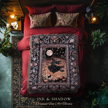 Harvest Moon Spooky Witch Woven Blanket | Enchanted Black Cat Moody Wall Tapestry Gothic Decor Folklore Aesthetic Celestial Night Whimsical