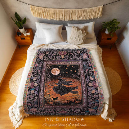 Harvest Moon Spooky Witch Woven Blanket | Enchanted Black Cat Moody Wall Tapestry Gothic Decor Folklore Aesthetic Celestial Night Whimsical