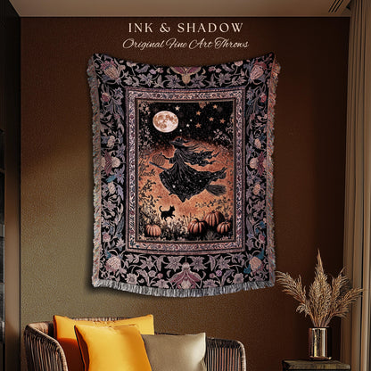 Harvest Moon Spooky Witch Woven Blanket | Enchanted Black Cat Moody Wall Tapestry Gothic Decor Folklore Aesthetic Celestial Night Whimsical