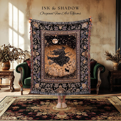 Golden Witch Autumn Throw Blanket | Moonlit Gothic Halloween Magic Decor Folklore Style Whimsigoth Night Sky Enchanted Woven Wall Tapestry
