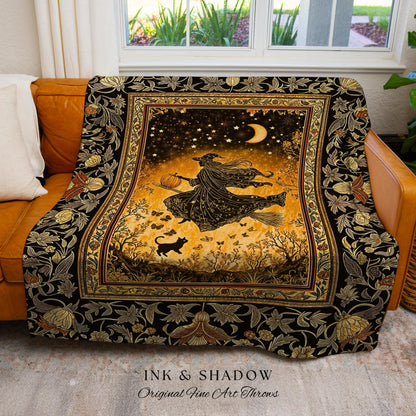 Amber Witch Gothic Folklore Blanket | Celestial Black Cat Halloween Decor Maximalist Woven Wall Tapestry Folklore Aesthetic Cottagecore |