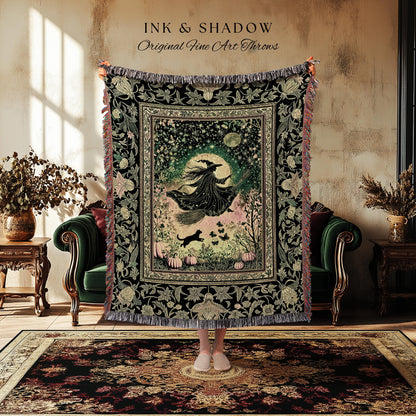 Emerald Sky Flying Witch Throw Blanket | Fall Pumpkin Field Woven Wall Tapestry Whimsigoth Aesthetic Celestial Folk Art Autumn Decor Magic