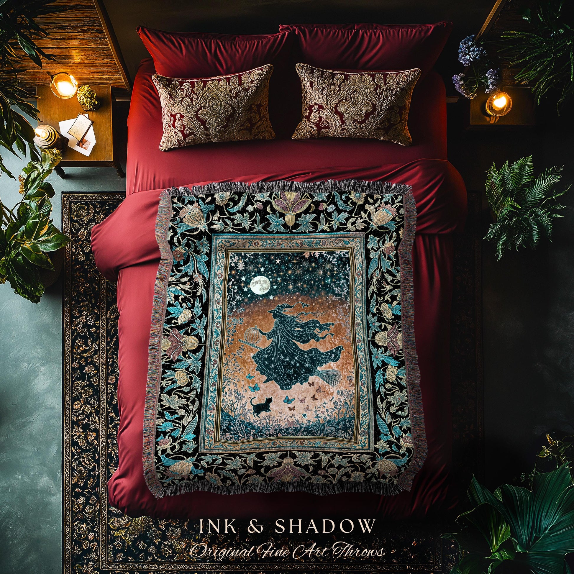 Autumn Aesthetic Witchy Tapestry Blanket | Fall Gothic Dark Cottagecore Decor Moonlight Magic Black Cat Whimsigoth Maximalist Halloween |