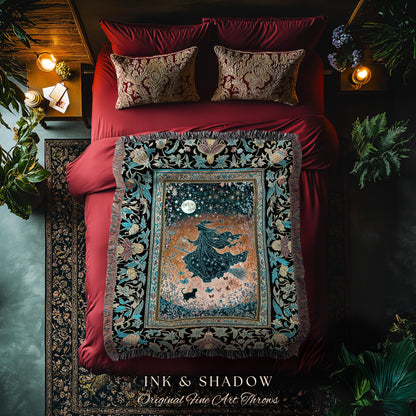 Autumn Aesthetic Witchy Tapestry Blanket | Fall Gothic Dark Cottagecore Decor Moonlight Magic Black Cat Whimsigoth Maximalist Halloween |