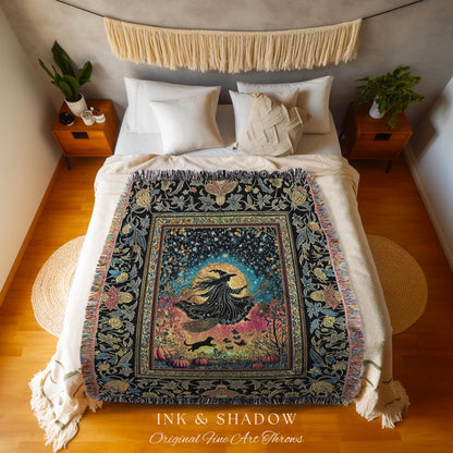 Starlit Storybook Witch Tapestry Blanket | Flying Broomstick Gothic Ethereal Aesthetic Broomstick Magic Celestial Whimsical Decor Enchanted