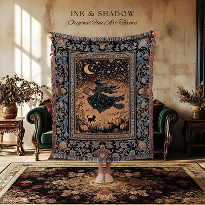 Autumn Golden Gothic Sky Tapestry | Celestial Black Cat Woven Throw Blanket Whimsigoth Decor Mystic Aesthetic Pumpkin Enchanted Magic Style