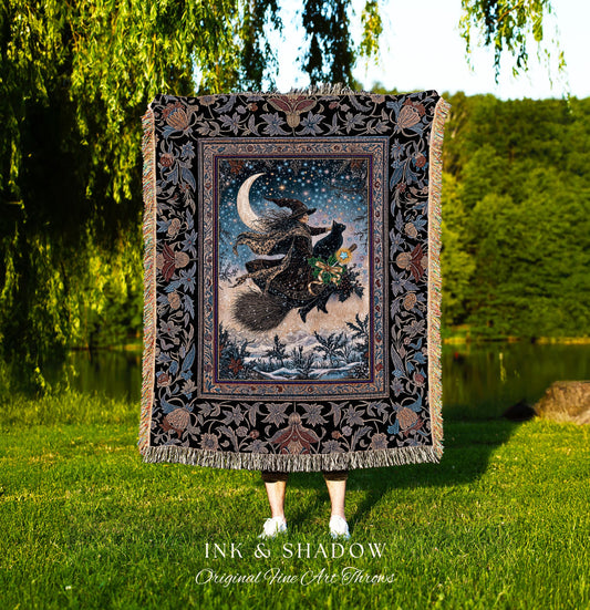 Magic Moonlit Witch Woven Tapestry | Ethereal Witchy Halloween Throw Blanket Nostalgic Aesthetic Broomstick Black Cat Celestial Home Decor