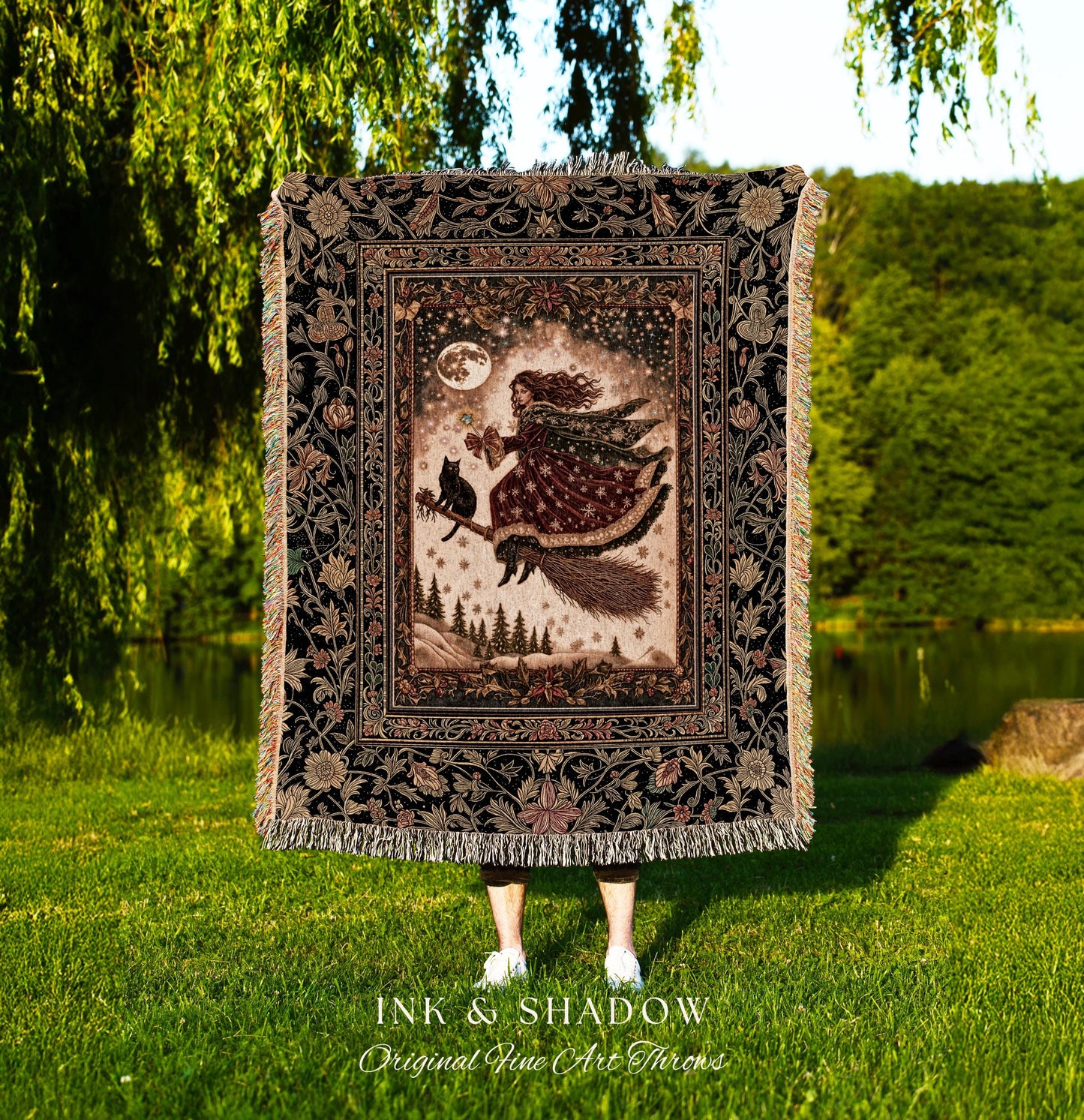 Whimsical Witchy Broomstick Throw Blanket | Fairytale Gothic Decor Mystic Black Cat Celestial Moon Tapestry Botanical Dark Academia Cottage