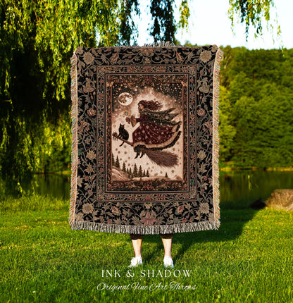 Whimsical Witchy Broomstick Throw Blanket | Fairytale Gothic Decor Mystic Black Cat Celestial Moon Tapestry Botanical Dark Academia Cottage