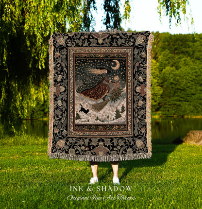Winter Folklore Witch Tapestry Blanket | Enchanted Cottagecore Decor Mystic Aesthetic Black Cat Gothic Elegance Celestial Storybook Throw |
