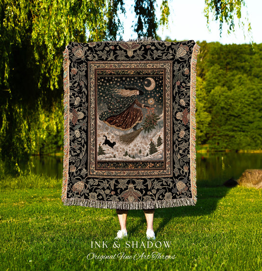 Winter Folklore Witch Tapestry Blanket | Enchanted Cottagecore Decor Mystic Aesthetic Black Cat Gothic Elegance Celestial Storybook Throw |