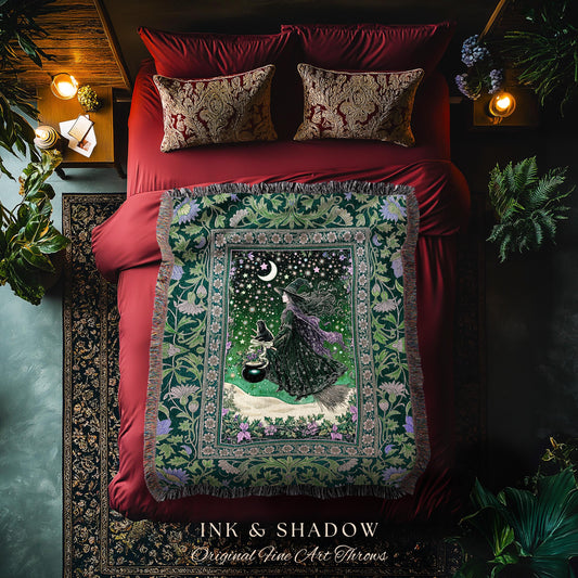 Botanical Witch Flying Broomstick Throw | Whimsigoth Tapestry Blanket Gothic Cat Mystic Midnight Magic Aesthetic Green Sky Moonlight Decor