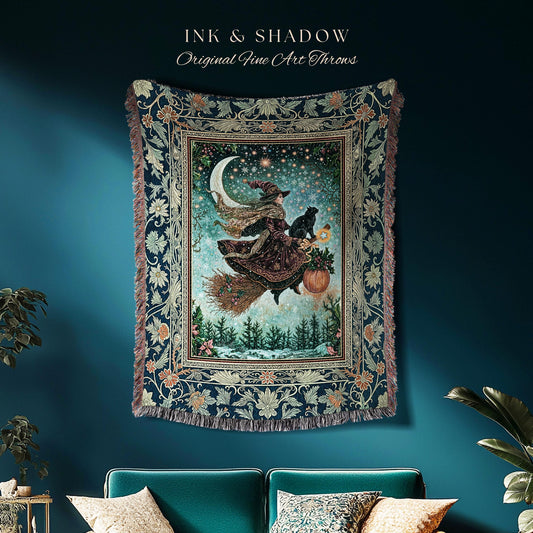 Pumpkin Witch Winter Wall Tapestry | Mystical Gothic Decor Black Cat Broomstick Spooky Season Botanical Moon Stars Winter Whimsigoth Style |