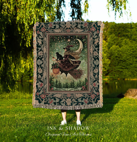 Celestial Moon Whimsical Witch Blanket | Gothic Folk Decor Woven Tapesrty Magic Broomstick Black Cat Art Dark Academia Botanical Witchcore