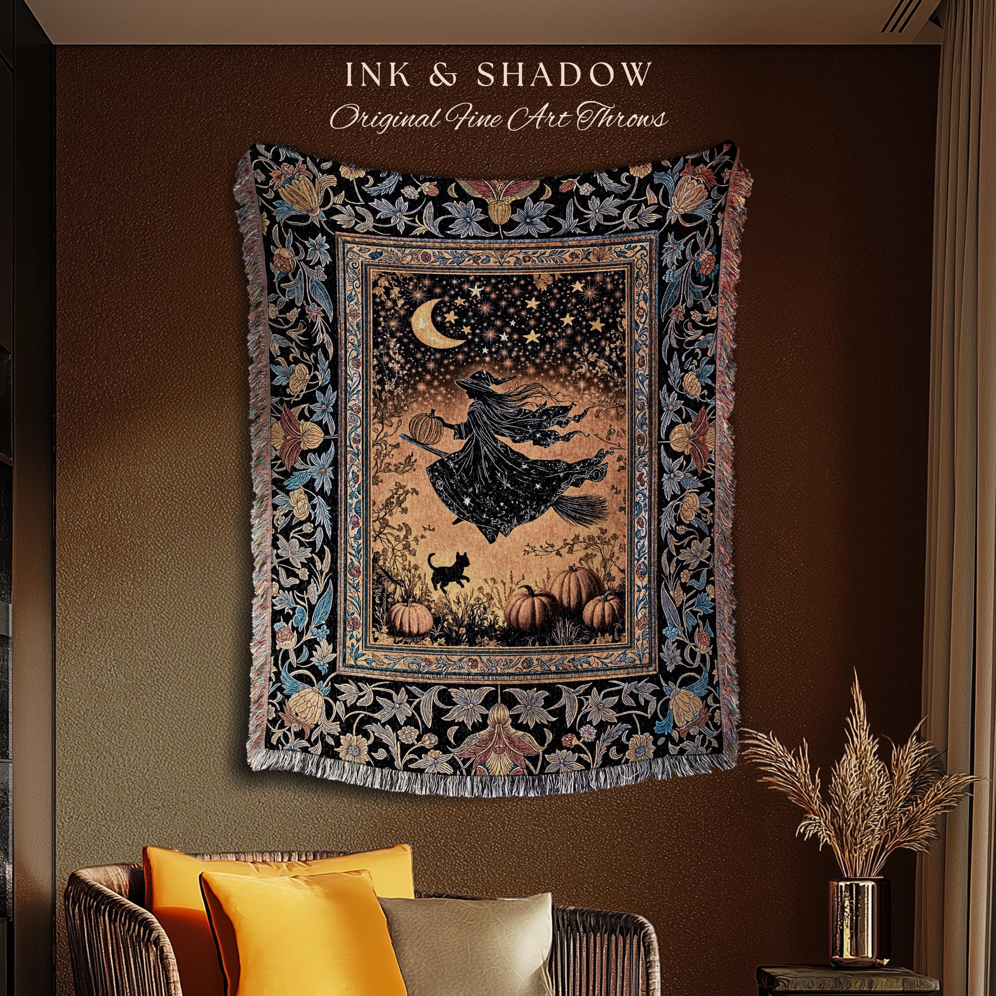 Autumn Golden Gothic Sky Tapestry | Celestial Black Cat Woven Throw Blanket Whimsigoth Decor Mystic Aesthetic Pumpkin Enchanted Magic Style