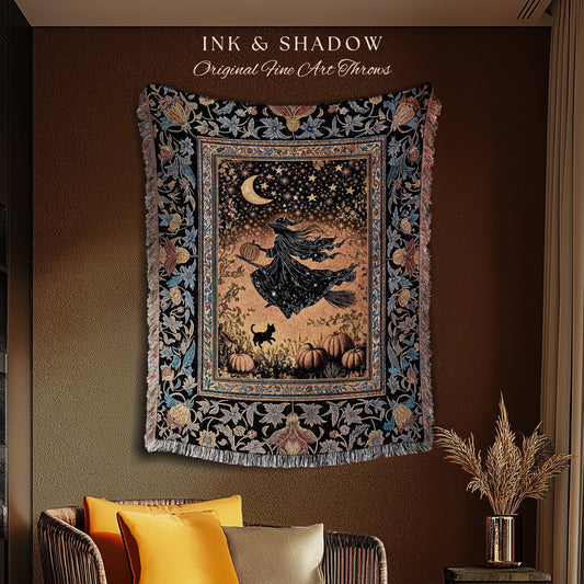 Autumn Golden Gothic Sky Tapestry | Celestial Black Cat Woven Throw Blanket Whimsigoth Decor Mystic Aesthetic Pumpkin Enchanted Magic Style