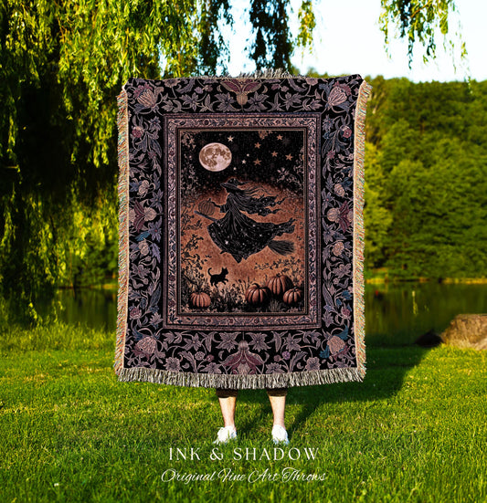 Harvest Moon Spooky Witch Woven Blanket | Enchanted Black Cat Moody Wall Tapestry Gothic Decor Folklore Aesthetic Celestial Night Whimsical