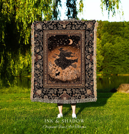 Amber Witch Gothic Folklore Blanket | Celestial Black Cat Halloween Decor Maximalist Woven Wall Tapestry Folklore Aesthetic Cottagecore |
