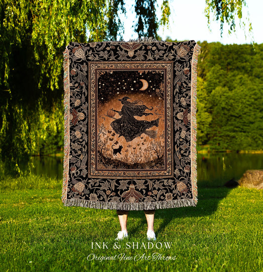Amber Witch Gothic Folklore Blanket | Celestial Black Cat Halloween Decor Maximalist Woven Wall Tapestry Folklore Aesthetic Cottagecore |