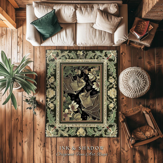 Victorian Gothic Soft Cottagecore Sage Green Bat Rug Witchy Goblinecore | Dark Botanical Bohemian Floral Bat Decor Whimsigoth Woodland Rug