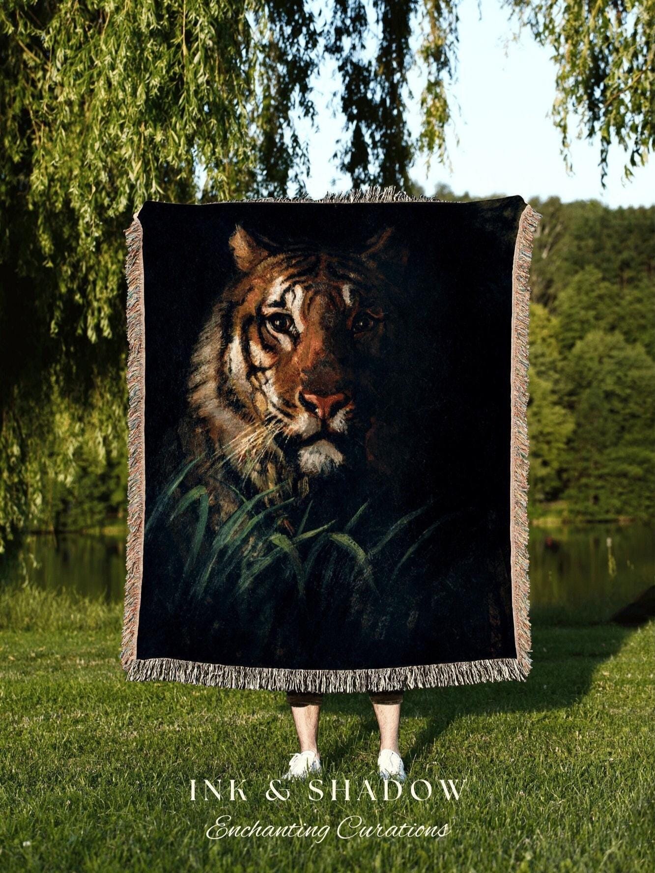 Tiger Painting Tapestry Woven Wall Hanging Gothic Art | Dark Academia Blanket Woven | Whimsigoth Room Decor Witchy Aesthetic Art Blanket |