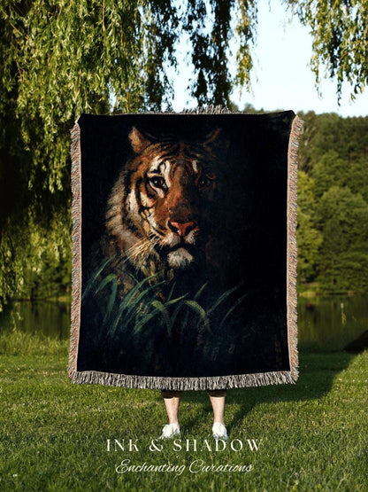 Tiger Painting Tapestry Woven Wall Hanging Gothic Art | Dark Academia Blanket Woven | Whimsigoth Room Decor Witchy Aesthetic Art Blanket |