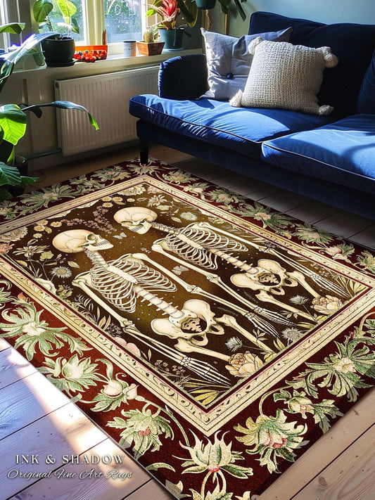 Whimsical Skeleton Rug Boho Book Nook Decor | Dark Academia Vintage Aesthetic Rug Skeleton Art Gift for Goths Grunge Fairycore Room Decor